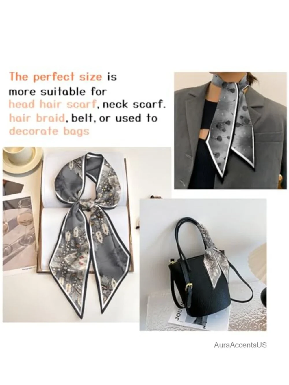 2 Pack Silk Feeling Satin Scarf for Hair Neck Handbag Decoration